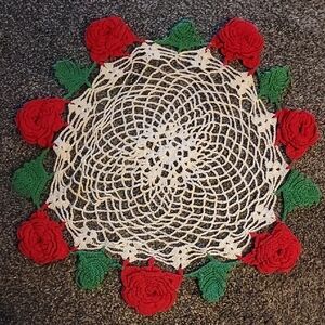 Vintage, Hand Crochet Doily with Red Roses and Green Leaves